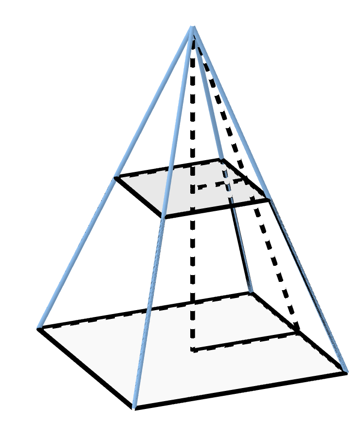 Pirámide rectangular en la que se observa el tronco de pirámide y los triángulos en posición de Tales
