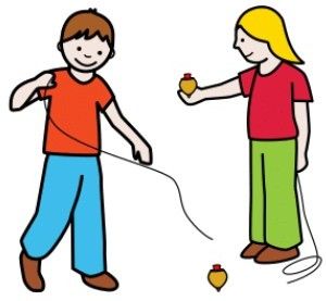 Pictograma de una niña y un niño jugando a la peonza. El niño la está tirando al suelo y la niña la tiene rodando sobre su mano.
