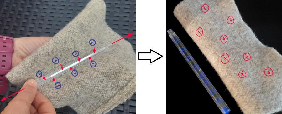 Imagen de boli que al frotarlo sobre jersey pasan electrones del jersey al boli de manera que el boli queda con carga negativa y el jersey con carga positiva.