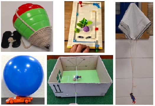 Imagen de una peonza, el futbolín experimental, un pinball, un coche propulsado por un globo y un paracaidista de juguete.