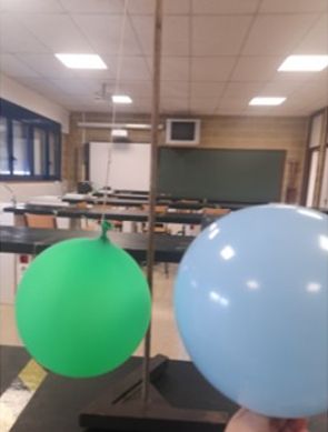 Globo travieso con dos globos (cREAgal) Globo atado a un soporte y moviéndose por la acción de la electricidad estática con otro globo.