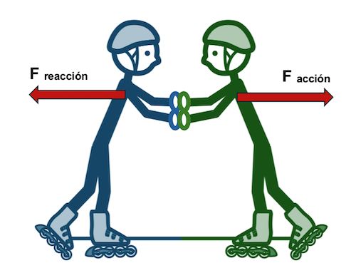 Imagen de dos patinadores empujándose indicando mediante flechas las fuerzas de acción y reacción.