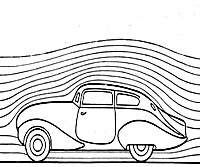 Estudio de la aerodinámica de un coche. En la imagen se observa la vista lateral de un coche con líneas por encima simulando la reacción del aire al movimiento del coche.