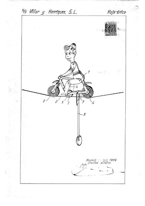 Boceto de juguete de Villar y Henriques, donde una ciclista está pasando por encima de una cuerda.