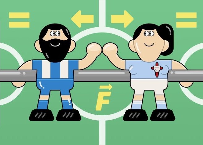 En la imagen se muestran dos figuras de futbolín: un jugador con la equipación del Deportivo de A Coruña y una jugadora con la del Celta de Vigo. Al fondo, se aprecia la representación táctica de un campo de juego, detallada con flechas de dirección y el símbolo vectorial de la fuerza.