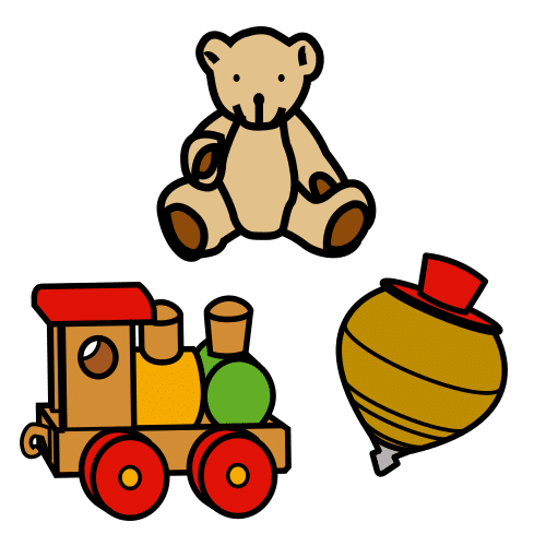 Pictograma de un osito de peluche, un tren de madera y una peonza de juguete.