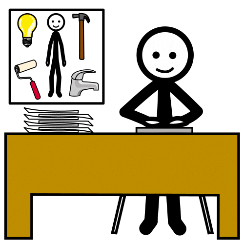 Técnico de mantenimiento sentado en una mesa con una imagen detrás con un martillo, bombilla, rodillo y grifo. 