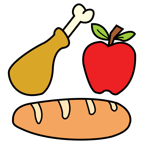 Pictograma de alimentos como pollo, manzana y pan.