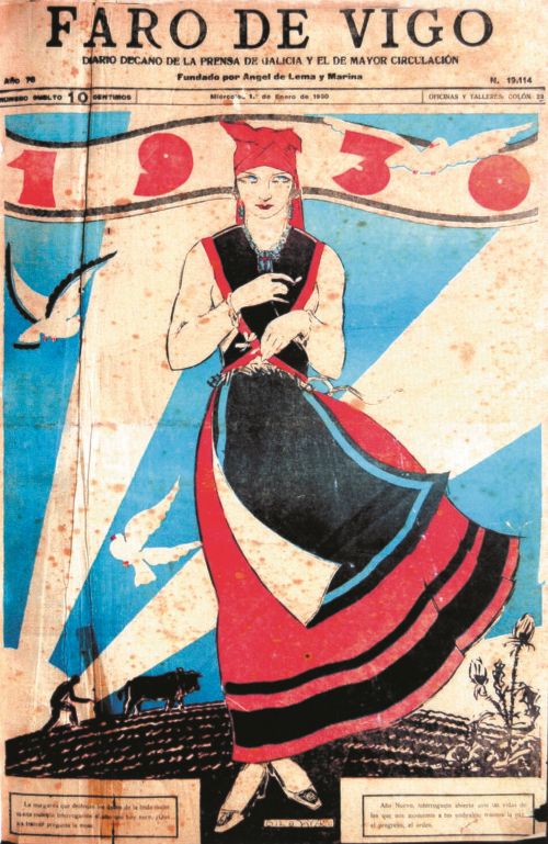 Faro de Vigo, 1930, 1 de enero Portada especial de Año Nuevo del periódico histórico El Faro de Vigo, fechada el 1 de enero de 1930.