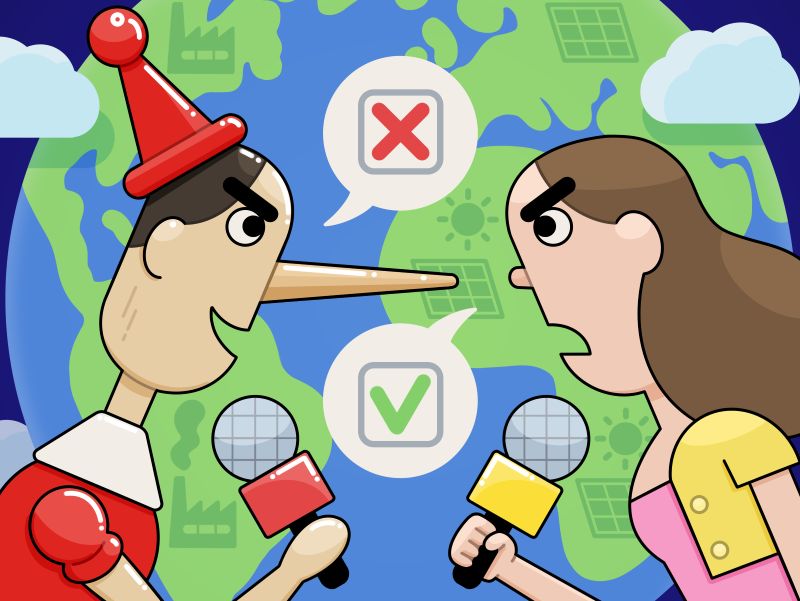 Dos personajes de la portada con un micrófono en la mano cada uno y bocadillos con una cruz roja y una v verde.