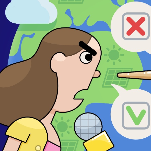 Personaje femenino de portada con un micrófono y globos de verdad y mentira. 