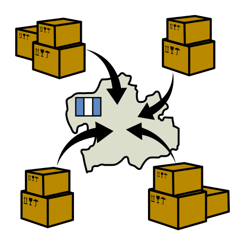 Pictograma de Arasaac: importar. En la imagen se visualiza un conjunto de cajas con flechas dirigidas hacia un país. 