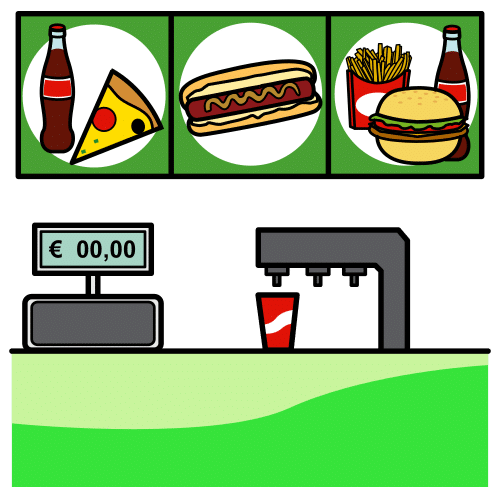 Imagen de un mostrador de un restaurante de comida rápida donde hay anuncios de diferentes tipos de comida ultrapocesada.