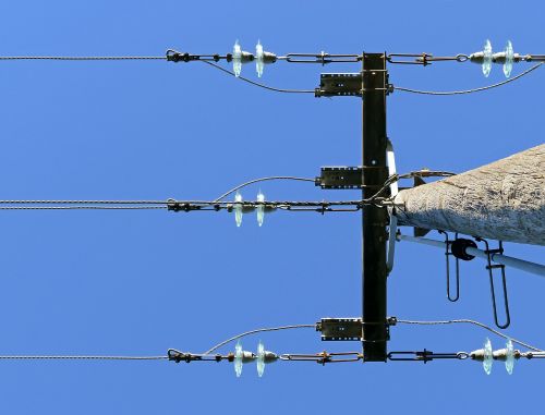 Imagen desde la base de un poste de madera para conectar la red eléctrica. 
