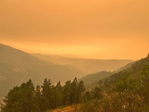 Paixaxe de montaña con luz de incendio