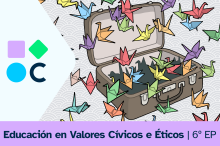 Imaxe da portada do REA 2 da área de Valores Cívicos e Éticos de 6.º de Educación Primaria. Amosa unha maleta da que saen voando miles de grúas de papel
