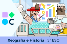 Imaxe de portada do REA "Do trigo á IA: a economía, o motor do mundo" de Xeografía e Historia de 3º ESO