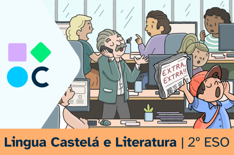 Imaxe da portada do REA 6 da materia de Lingua Catelá e Literatura de 2º de ESO. Amosa a redacción dun xornal con xente traballando.