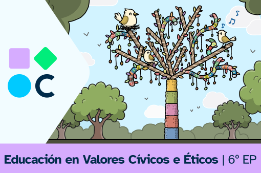 Imaxe da portada do REA 3 da área de Valores Cívicos e Éticos de 6.º de Educación Primaria. Amosa unha paisaxe, cunha grande árbore no centro e un paxaro sobre unha póla